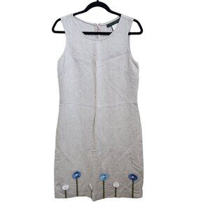 Harve Benard‎ Linen Dress Womens 8 Lagenlook Beige Floral Applique Sleeveless